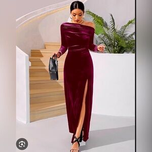 #93 Burgundy velvet Asymmetrical Neck Ruched Split Thigh  gown / maxi dress
